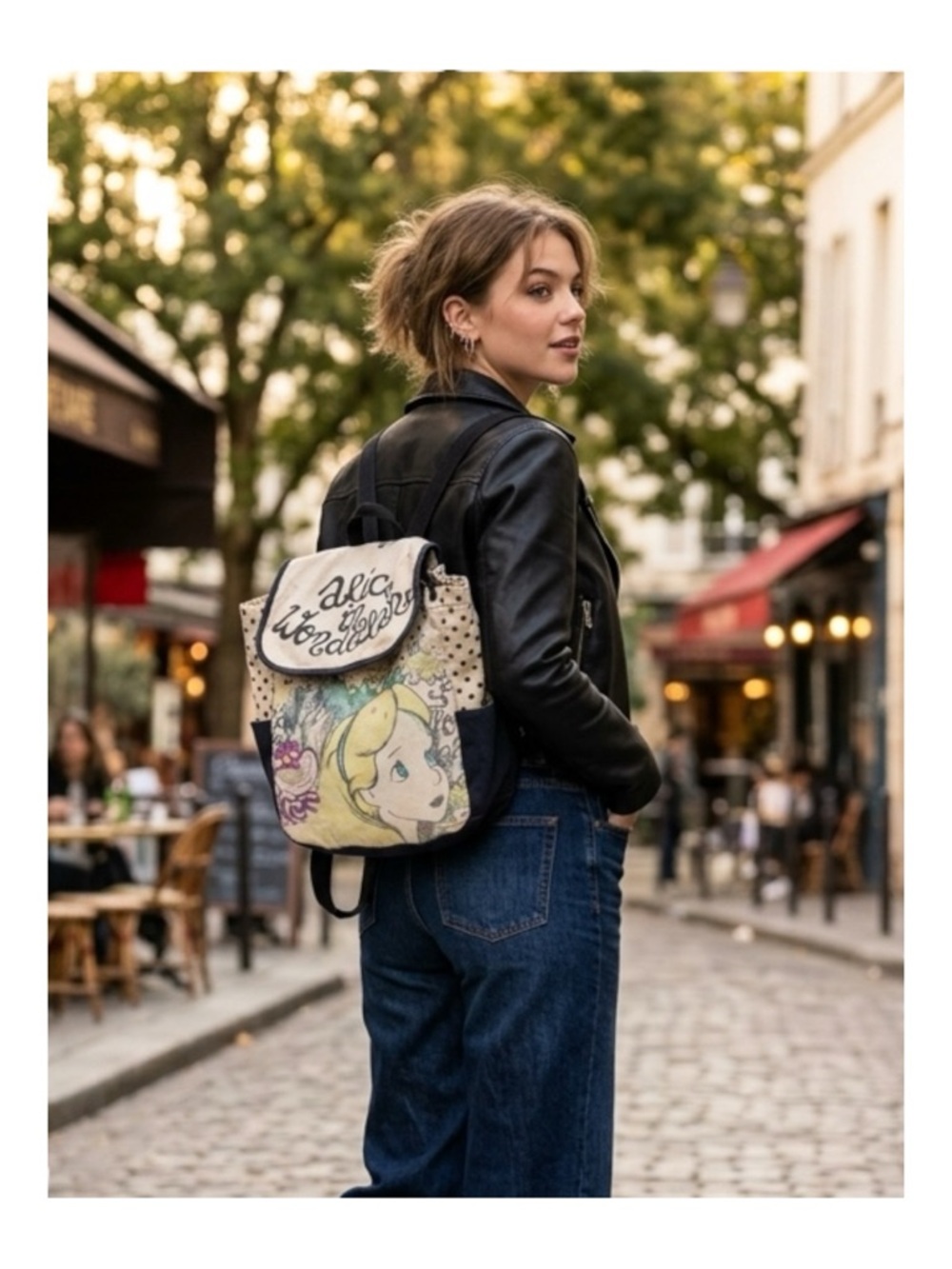Vintage HTF Alice in Wonderland Illustrated Canvas Backpack - Cream/Black